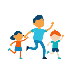 Father and two children running together happily outdoors in a park