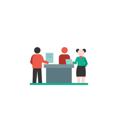 People interacting at a counter with documents and information exchange