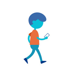 Blue character walking while looking at a smartphone