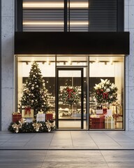 A seasonal display of flowers and trees in a modern retail space.