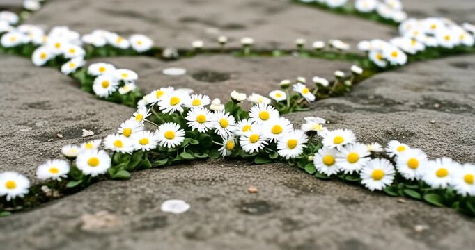 White daisies arranged in a star pattern on a stone pathway in springtime