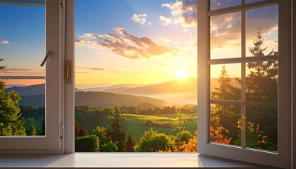 An open window reveals a vibrant sunrise illuminating a lush landscape of rolling hills and forests