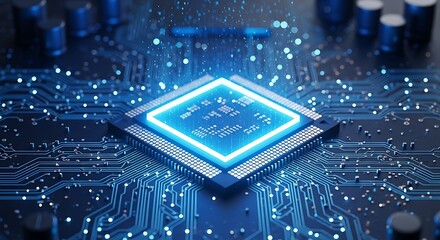 Ultra highresolution, professional studio photography of closeup of a glowing blue computer processor chip on a circuit board with digital data streams and particles