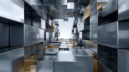 Abstract tunnel of metallic cubes, creating a futuristic and industrial visual perspective