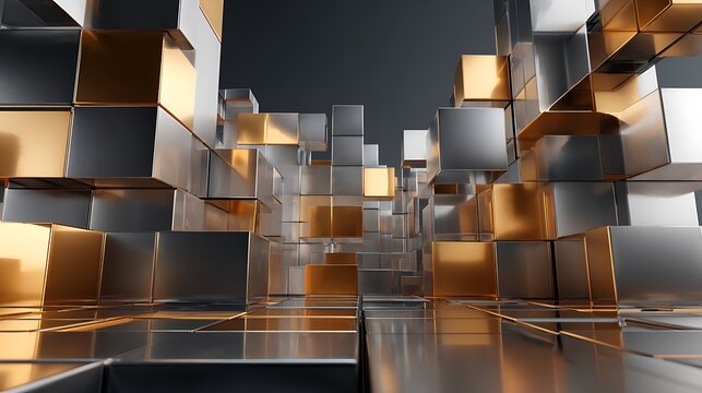 Abstract background with silver and gold cubes arranged in a geometric pattern, creating a modern design