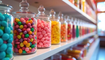 Rows of colorful candies fill glass jars on store shelves. Sweet treats are neatly arranged in a bright confectionery shop, offering a sweet variety.