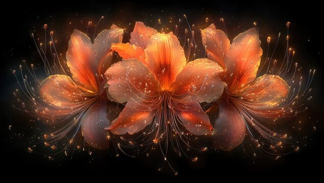 Three orange blooms, glowing, with wispy tendrils - Powered by Adobe
