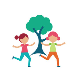 Two happy cartoon children running and playing together near a tree