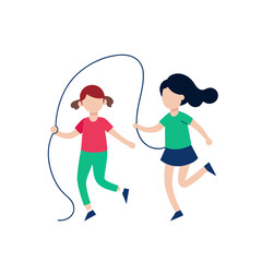 Two young girls joyfully jumping rope together in a playful outdoor activity