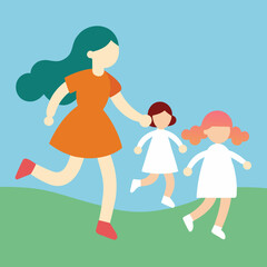 Joyful mother and children running together outdoors on a sunny day
