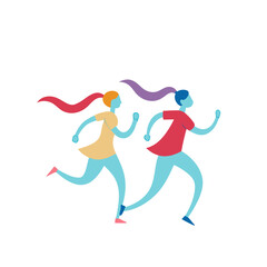 Two stylized women running together with colorful ponytails against a black background