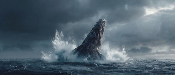 Humpback whale breaching spectacularly from dark ocean waves, creating a massive splash against a dramatic, stormy sky, highlighting wild marine life and natural power.