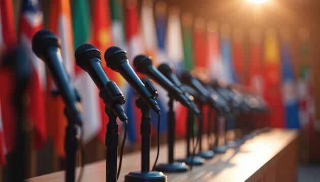 Row of microphones on table flags from different countries in background. Event awaits speaker. Global summit setup for public address or press conference audio.