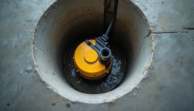 Yellow sump pump submerged in murky water within concrete pit. Device prevents basement flooding, aids in water removal and property protection. Utility equipment detail.