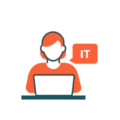 Person working on a laptop with an it support speech bubble icon