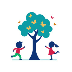 Children delight in a butterfly filled tree in a stylized outdoor scene