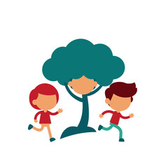 Two children running around a stylized tree in a flat design illustration
