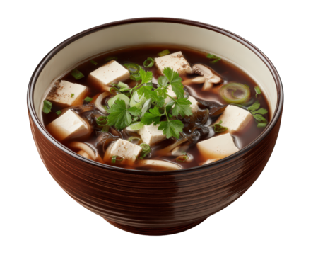 Warm comforting bowl of Japanese miso soup with soft tofu, ramen noodle, and fresh garnish. healthy and savory broth, delicious and traditional meal for food lovers