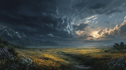 Beautiful landscape at sunset with dramatic clouds and a field of yellow flowers near mountains