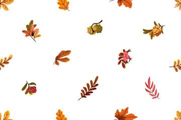 Repeatable pattern of faded autumn leaves. Endless background of branches with dry foliage of maple, oak, willow, rowan trees. Fall twigs with berries and leafage. Flat seamless vector illustration