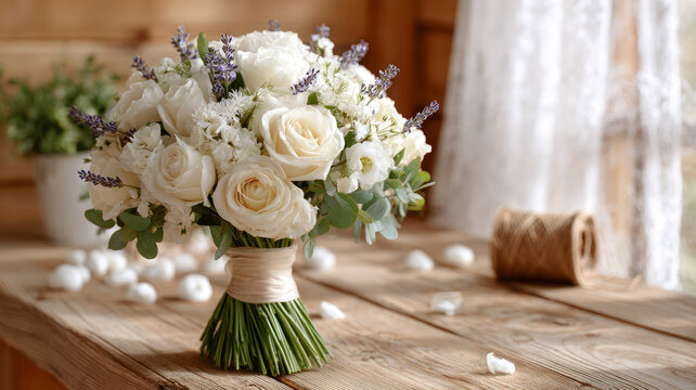 A beautiful bouquet of white roses on a rustic wooden table.