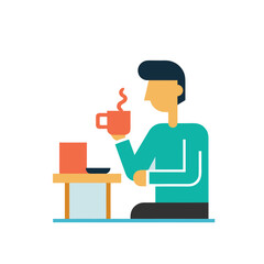 Stylized person enjoying a hot beverage at a table with a laptop