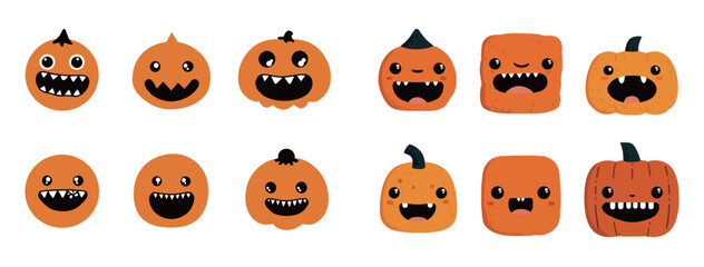 A collection of cute, cartoon-style pumpkins featuring different facial expressions, perfect for Halloween decor. These bright orange pumpkins showcase fun and playful designs.
