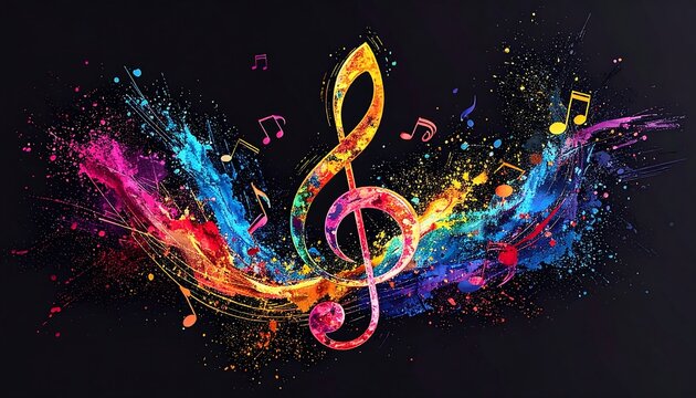 Vibrant treble clef in colorful, dynamic splash