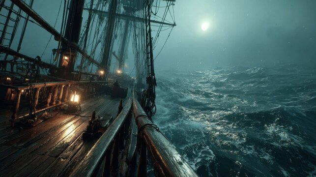 Stormy night at sea with a tall ship navigating rough waters and moonlight shining through dark clouds - Powered by Adobe