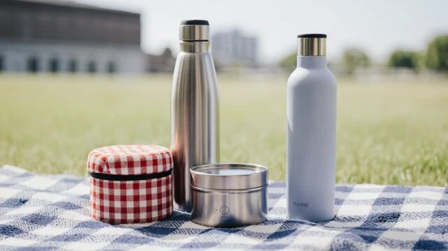 Eco-friendly picnic essentials on a blanket outdoors featuring water bottles and food containers
