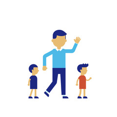 Father and two sons walking together waving hello in a simplistic flat design
