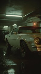 Classic white muscle car in a dimly lit underground garage surrounded by reflections on wet pavement during nighttime