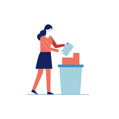 Woman discarding documents into a trash can with a minimalist style