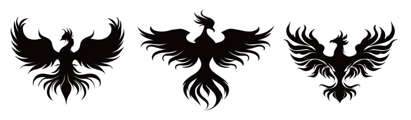 Obraz premium Three unique phoenix illustrations showcase different artistic styles featuring intricate details and bold shapes. Each represents rebirth and strength through its design.