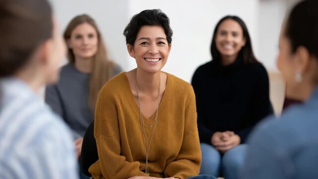 A smiling leader engages participants in a group therapy session, promoting a supportive environment, fostering connection and open communication among peers facing challenges together.