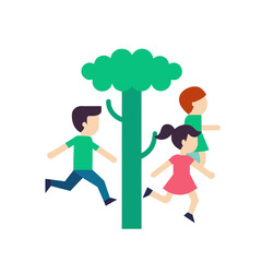 Children running around a tall green tree in a playful outdoor scene