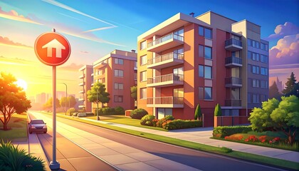 Obraz premium Apartment buildings line a sun-drenched street, a street sign with an upward arrow guides. Car parked, green bushes & trees. Colorful sky