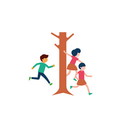Children playing tag around a tree in a stylized outdoor scene