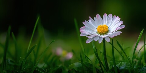 Close-up of a daisy with white petals tipped in pink, in a field of green grass
