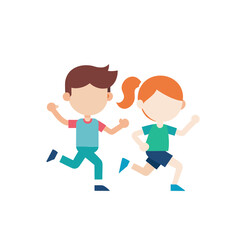 Two happy cartoon children running together in a race or game