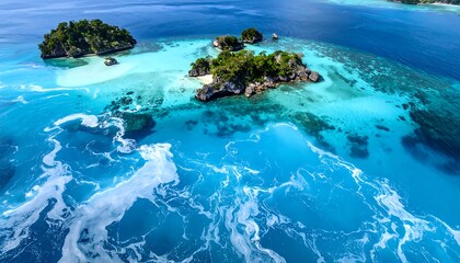 Aerial shot showcasing a tropical island with lush green vegetation, surrounded by vibrant turquoise waters and white sandy beaches