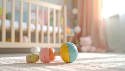 An adorable, light-filled nursery scene with a wooden rattle in focus, hinting at a playful and comfortable environment. Soft hues and natural light enhance the welcoming ambiance