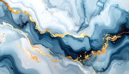 Abstract artwork featuring flowing blue and white ink with gold accents, evoking a sense of elegance and fluidity