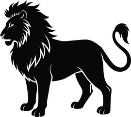 Black and white vector illustration of a wild cartoon lion silhouette isolated on white background