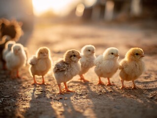 Fluffy baby chicks walking on a rural dirt path during golden hour with warm backlighting.