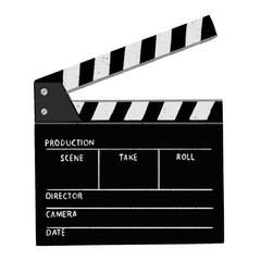 Obraz premium film slate movie clapper board watching movies, showtime, vintage illustration, hand drawn on transparent background.