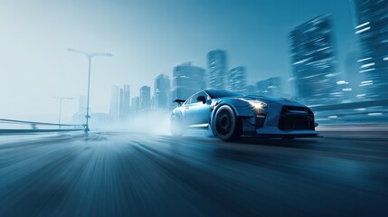 Fast car racing through city streets at night with bright lights reflecting in the background