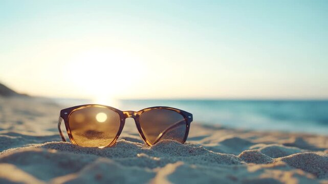 Sunglasses on sand beach at sunset summer vacation relaxation tropical ocean coastal scenery