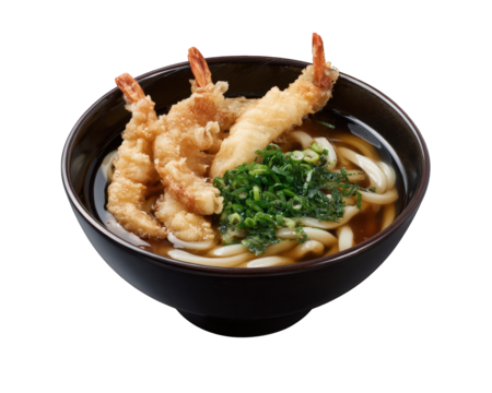 Comforting bowl of delicious Japanese udon noodle soup with crispy tempura shrimp. This appetizing hot food dish, savory and traditional cuisine, feels satisfying