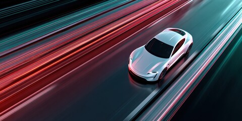 High-speed electric car driving on a futuristic city road at night with vibrant light trails